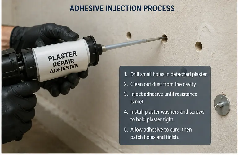 image of worker injecting adhesive into holes drilled through plaster that delaminated so that it rebonds to the lath.