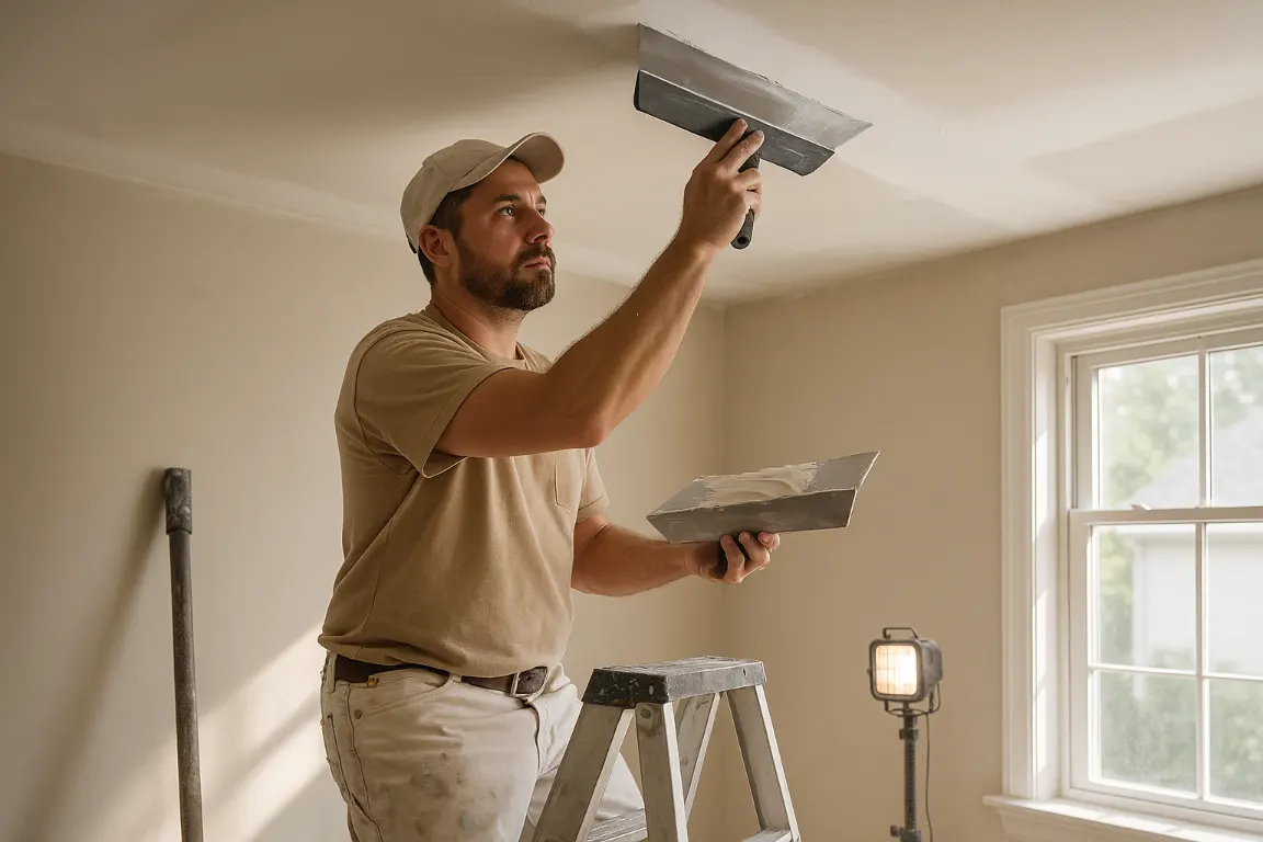 Renovation assessor in coveralls and respirator inspects an aged popcorn ceiling with a flashlight in a protected cottage living room.