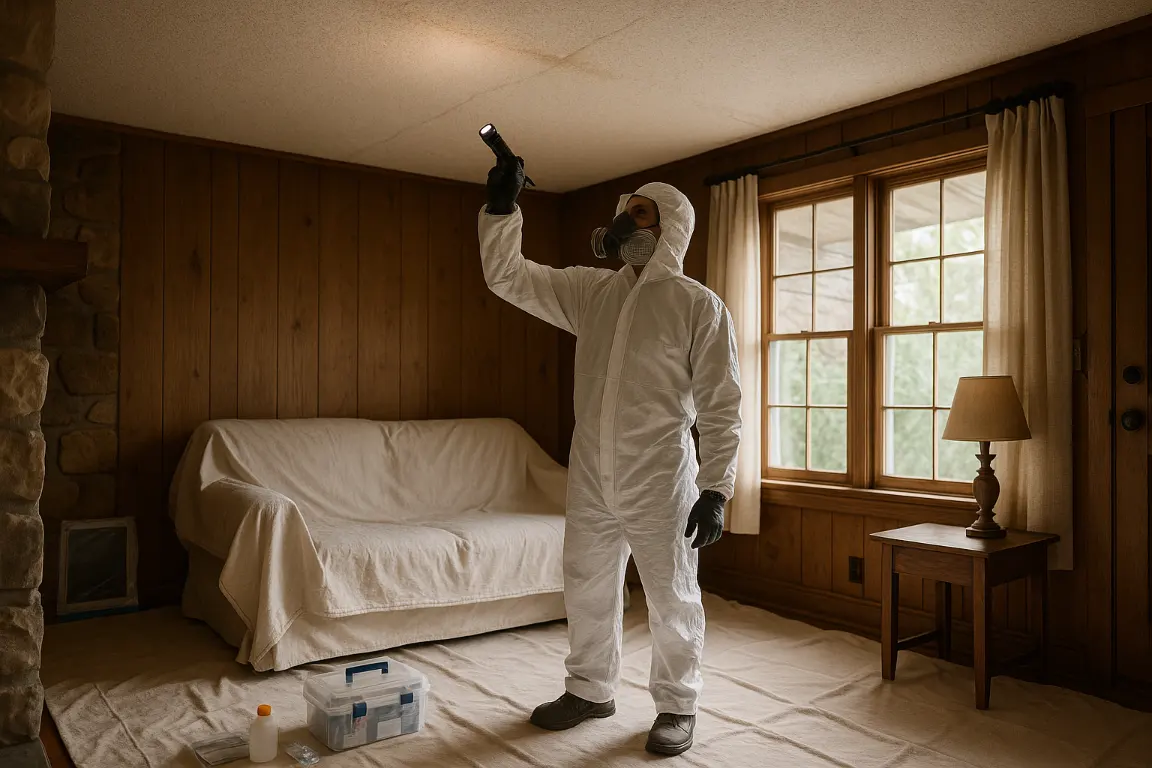 Drywall professional on a small ladder feathering joint compound over a repaired ceiling seam in a bright home, with tools and subtle sanding dust nearby.