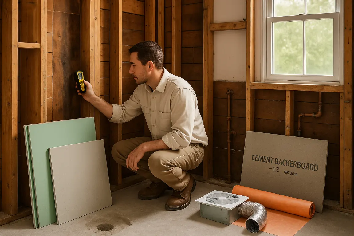 Contractor uses a moisture meter to inspect water-stained bathroom framing before drywall installation, with green gypsum board, cement backer board, waterproofing membrane, and exhaust duct nearby.