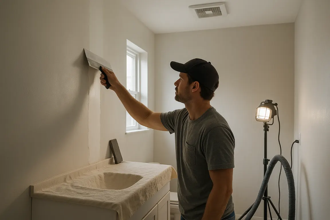 Finisher applying a thin coat of joint compound to a repaired bathroom wall seam with a drywall knife, work light, sanding sponge, covered vanity, and exhaust fan nearby.