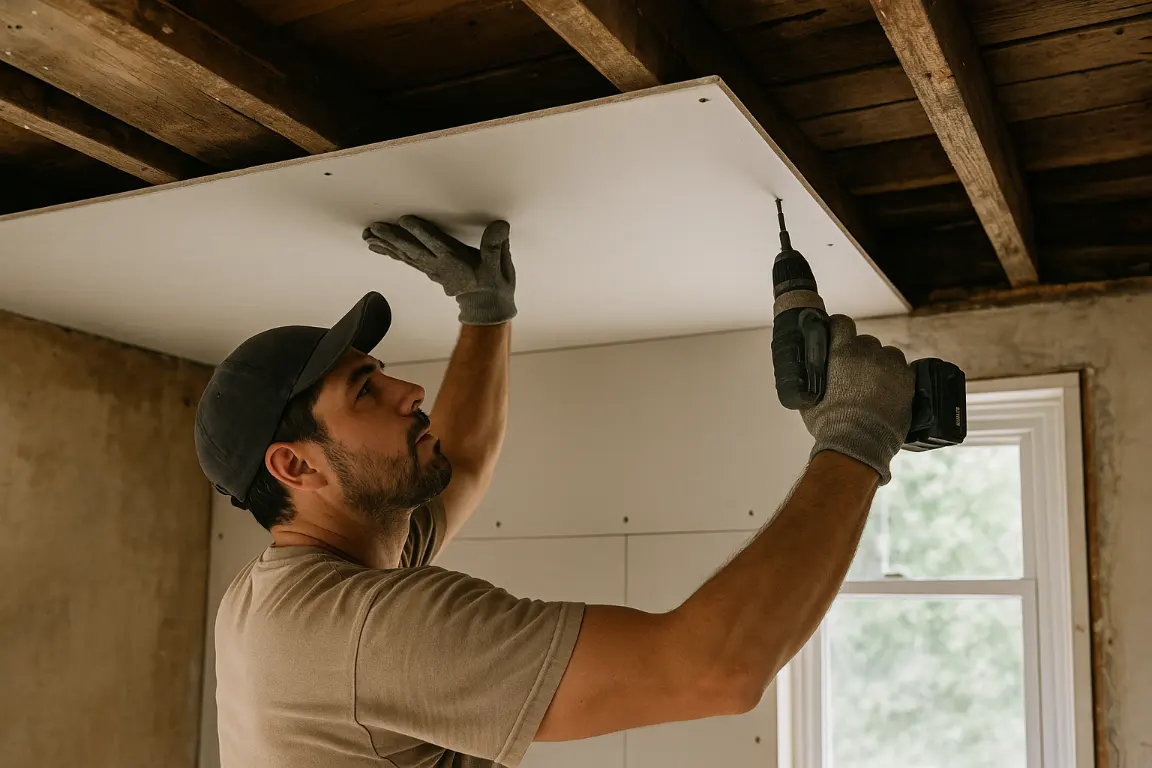 drywall worker screwing sheet to the ceiling with a drywall screw gun
