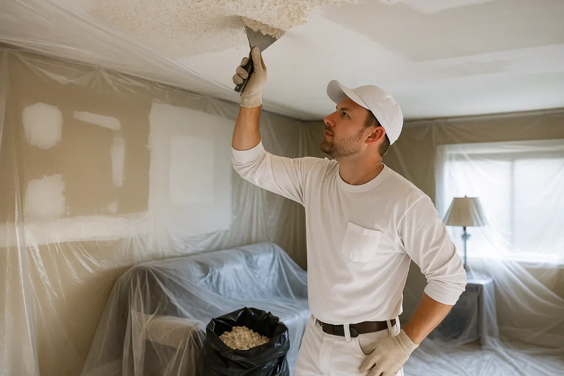 professional scraping popcorn ceiling texture off the ceiling