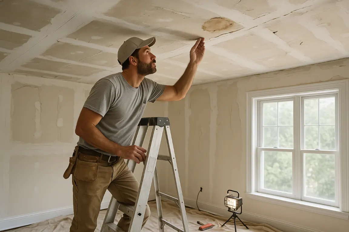 man is inspectiong the drywall condition after popcorn texture has been removed water spots visable