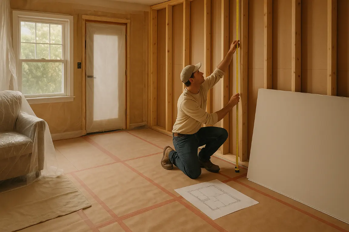Contractor measures wall height in a prepared renovation room with exposed framing, stacked drywall, protected floors, covered furniture and a dust-sealed doorway in warm window light