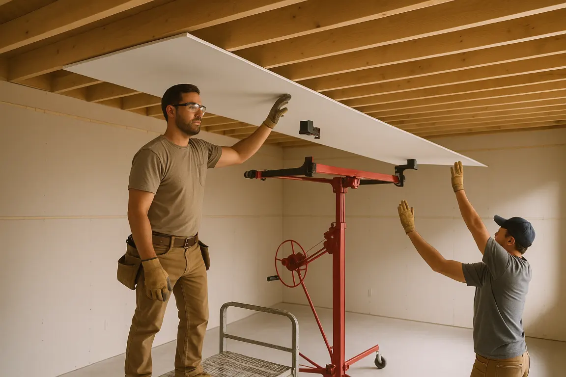 Drywall installers wearing safety glasses use a lift and stable platform to raise a ceiling panel beneath exposed joists in a clean, well-lit work area.