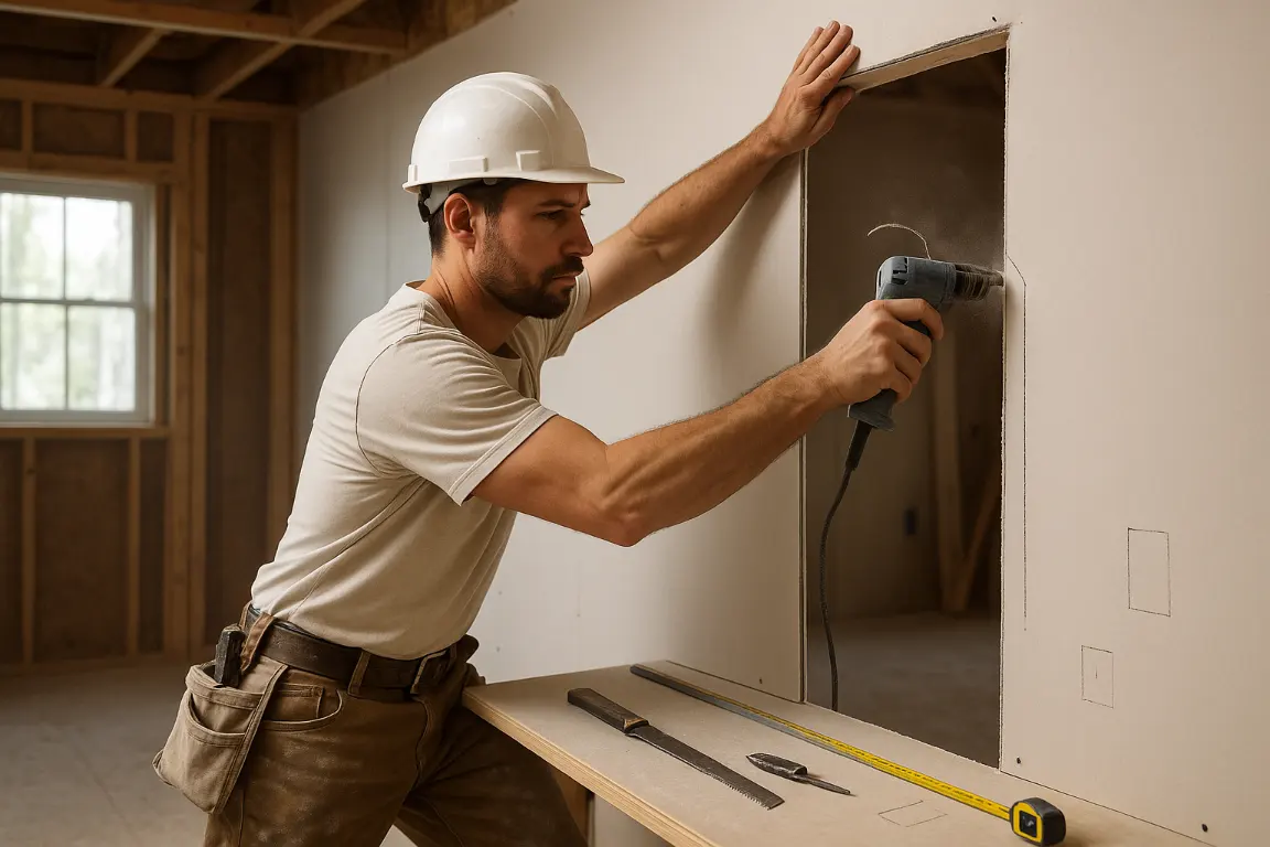 Professional drywaller dry-fitting a full drywall sheet over a framed doorway and tracing the opening with a rotary cutout tool in a bright unfinished room.