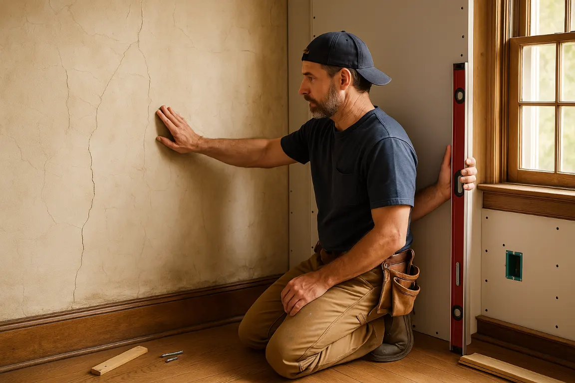 worker inspects a section of delaminating plaster that has seperated from the lath