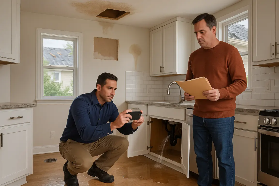 Insurance adjuster photographs a burst sink supply line in a bright kitchen as homeowner holds repair invoices, with water damage, removed drywall, a roof storm view, and floor drain visible.