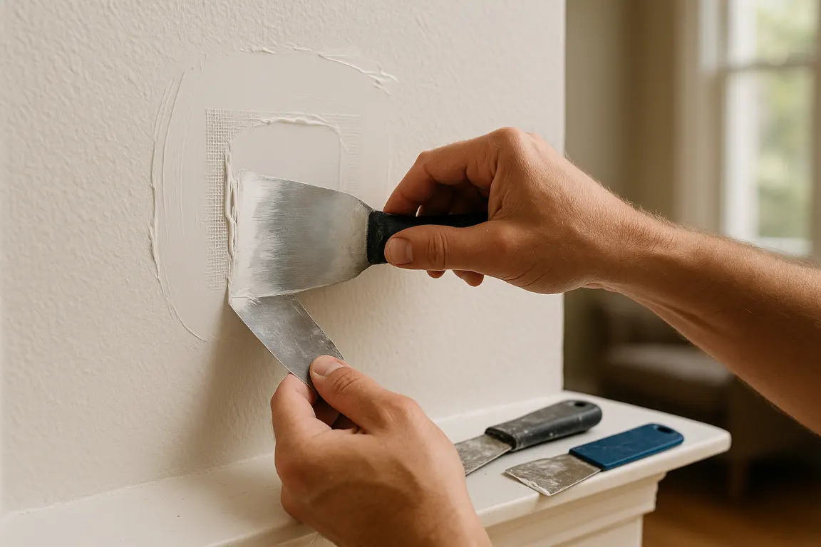 patching sheetrock hole in the wall with two drywall taping knives.