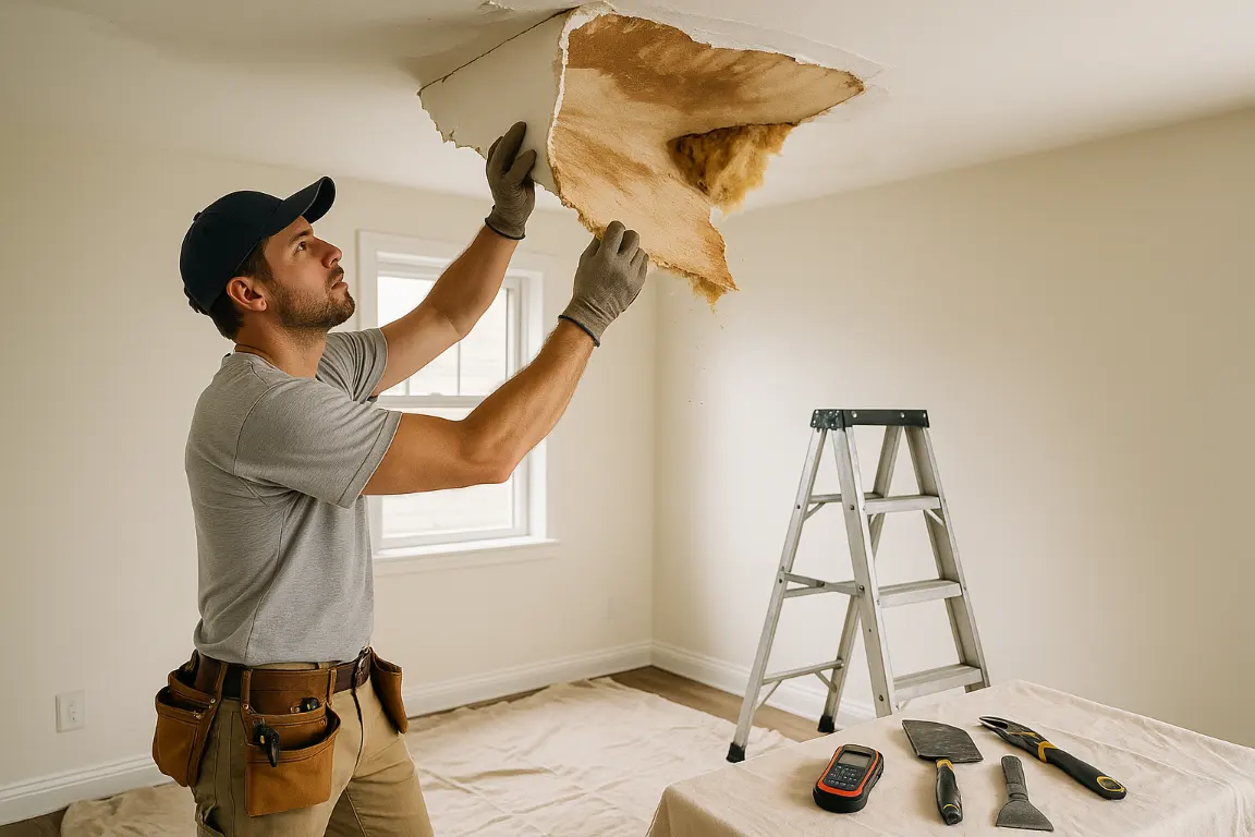 peeling the sheetrock ceiling off where it got wet to replace and dryout the framing.